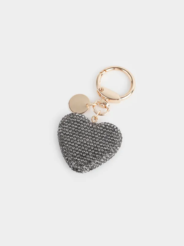 Салпыншақ, 9 см, металл/страздар, алтын қара, Жүрек, Keychain crystal, image-1