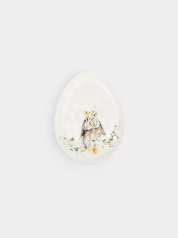 Ыдыс, 21х16 см, керамика, ақ, Жұмыртқа, Гүлдері бар қоян, Natural Easter, image-0
