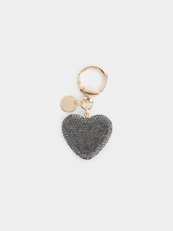 Салпыншақ, 9 см, металл/страздар, алтын қара, Жүрек, Keychain crystal, image-0