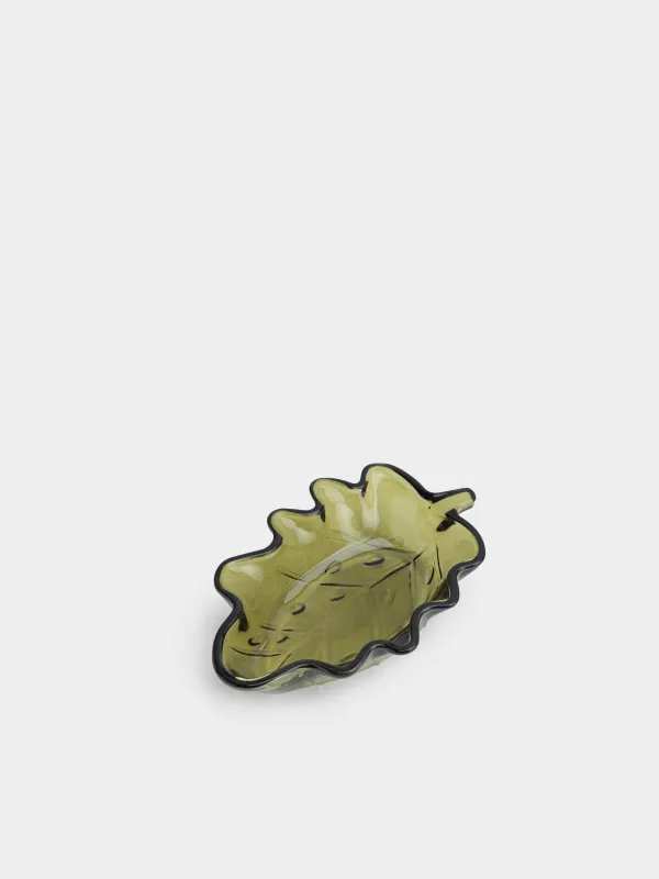 Блюдо, 15х10x3 см, стекло, зеленое, Лист, Leaves, image-0