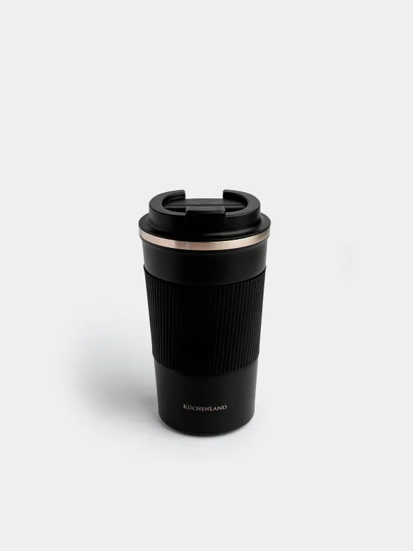 Термо саптыаяқ, 500 мл, зарфы бар, болат/пластик/силикон, қара, Coffee life, image-0