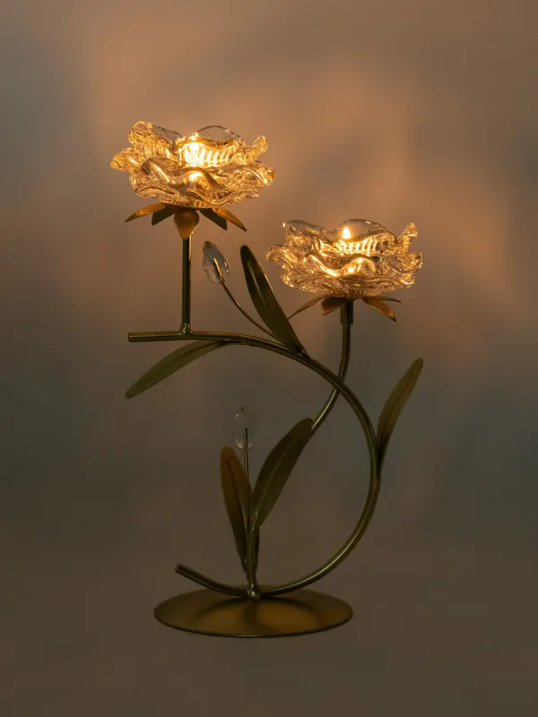 Шам ұстағыш, 30 см, 2 шай шамы, шыны/металл, алтын, Гүлдер, Fantastic flowers, image-4