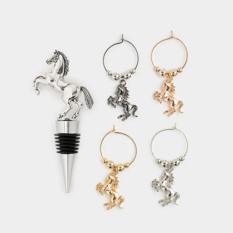Пробка для винной бутылки с подвесками, 5 пр, металл/бусины, Конь, Horse silver