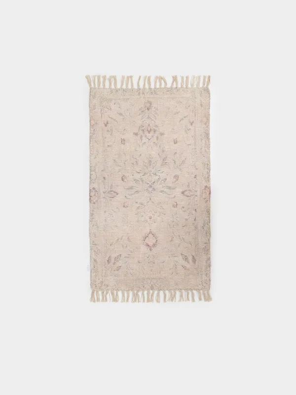 Кілем, 70x115 см, шашақты, мақта/полиэстер, бежевый түсті, гүлдер, Print, image-0
