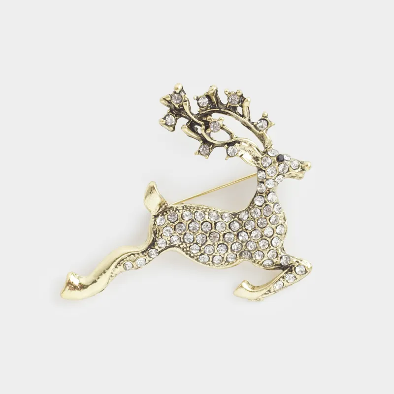 Брошь, 5 см, металл / ринстондар, қола, бұғы, , Jewelry crystal