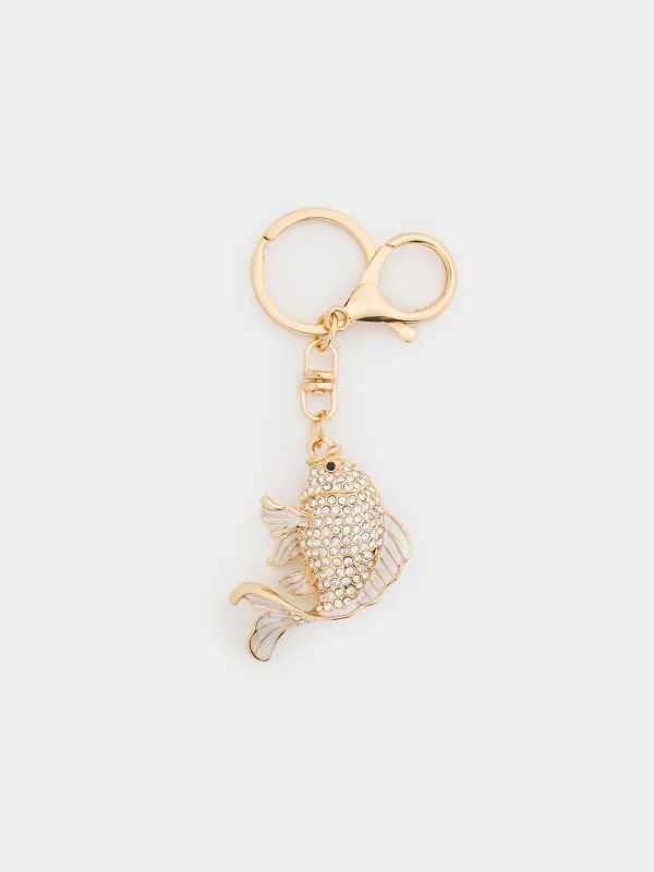 Салпыншақ, 12 см, металл/страздар, алтын, Балық, Keychain crystal, image-0