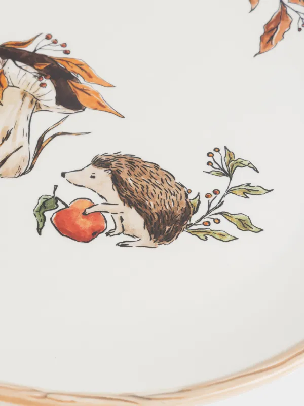 Тарелка обеденная, 28 см, керамика D, молочная, Еж с яблоком и гриб, Forest hedgehog, image-1
