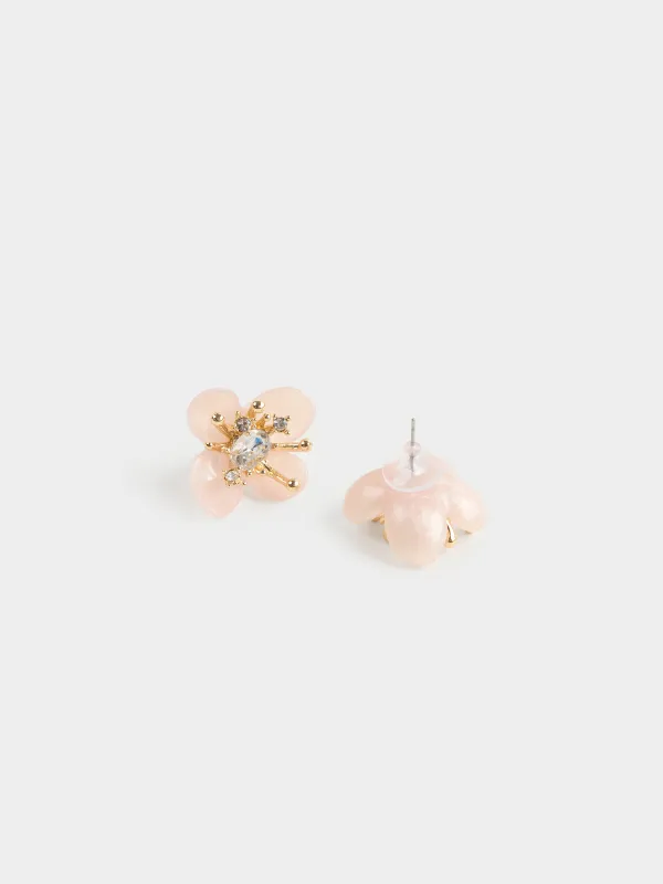 Пусет сырғалары, 3 см, 2 дана, металл/циркон/акрил, қызғылт, Гүл, Jewelry flower, image-2