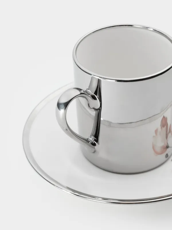 Кофе жұбы, 1 адам, 2 зат, 90 мл, фарфор N, ақ және күміс, Гүл, Flower silver, image-4