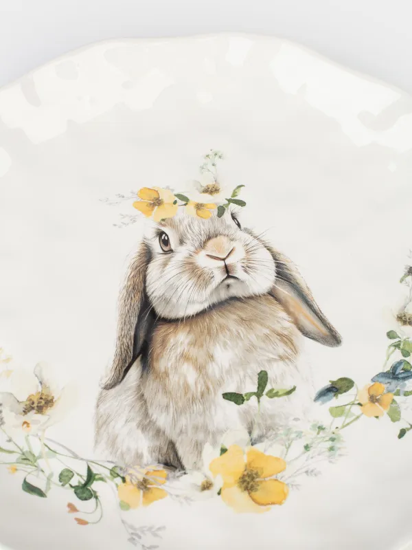Түскі ас тәрелкесі, 28 см, керамика, ақ, Гүлдері бар қоян, Natural Easter, image-2