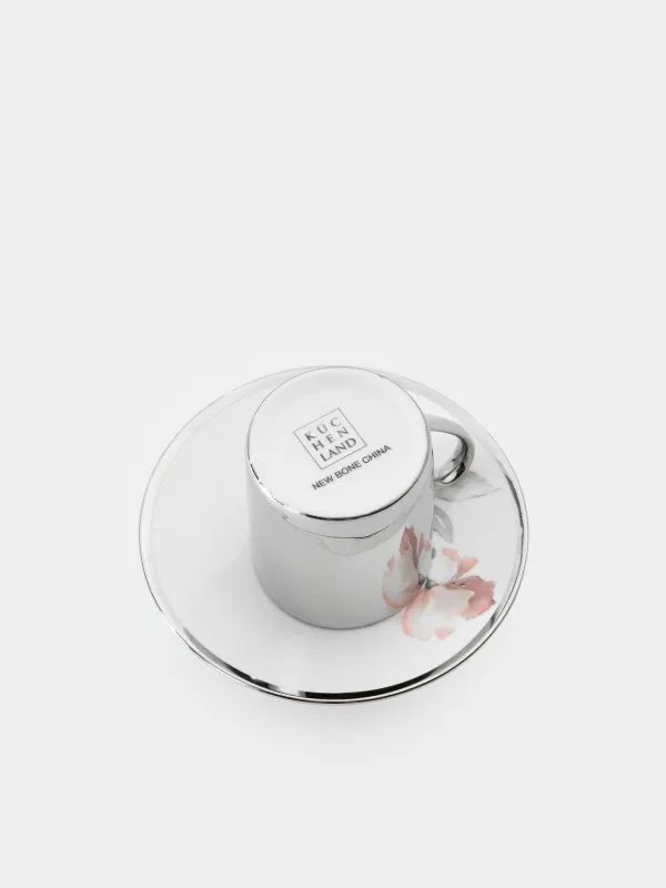Кофе жұбы, 1 адам, 2 зат, 90 мл, фарфор N, ақ және күміс, Гүл, Flower silver, image-2