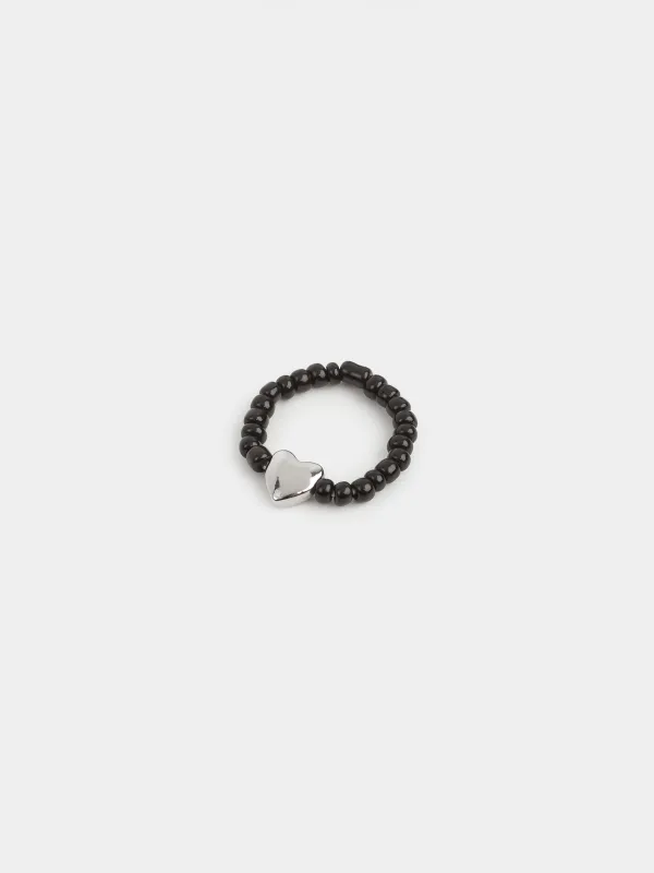 Сақина, size S-M, бірыңғай өлшем, шыны/металл, қара, Жүрек, Jewelry black, image-1