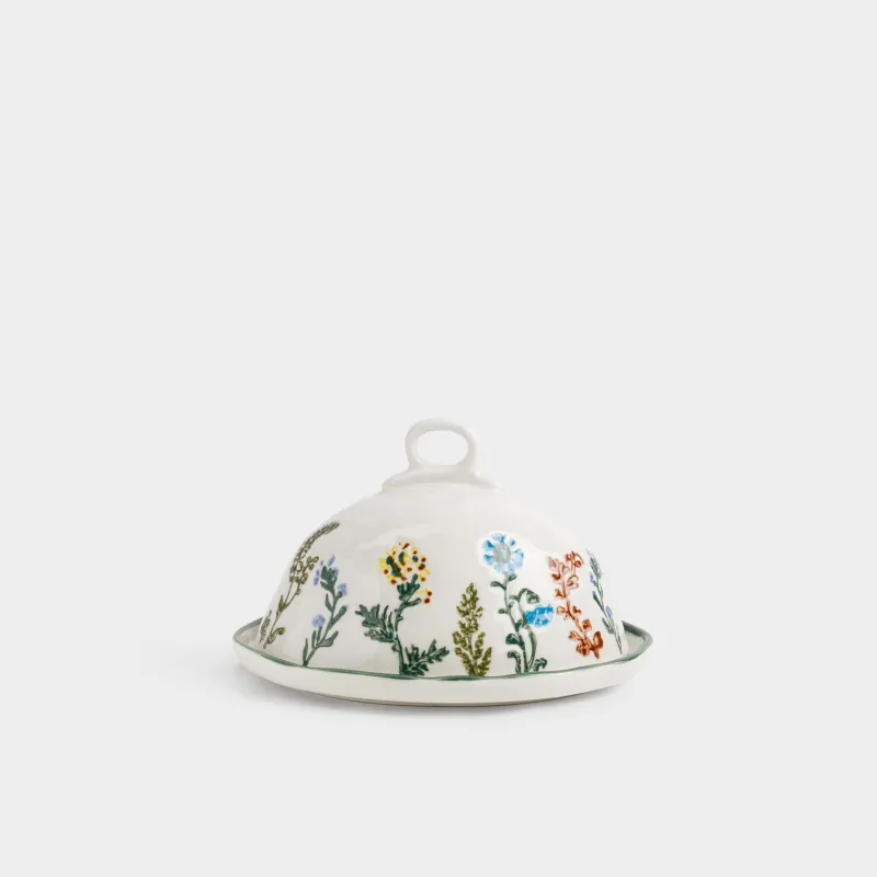 Масленка, 19 см, фарфор N, овальная, молочная, Луговые цветы на кракелюре, Floral meadow