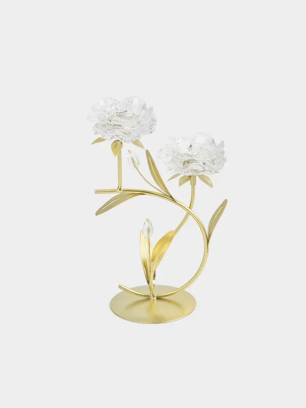 Шам ұстағыш, 30 см, 2 шай шамы, шыны/металл, алтын, Гүлдер, Fantastic flowers, image-0