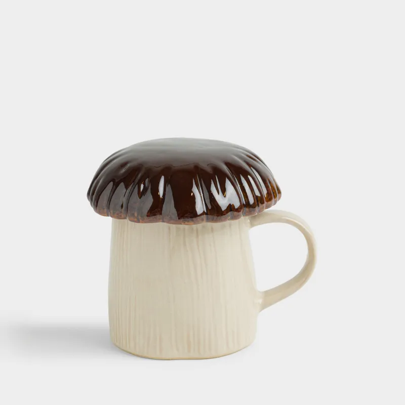 Кружка, 350 мл, с крышкой, фарфор P, молочно-коричневая, Гриб, Autumn fungi