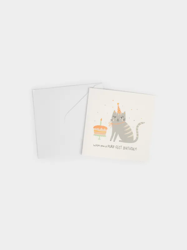 Сыйлық ашықхаты, 12х12 см, қағаз, ақ, Торты бар мысық, Birthday, image-4