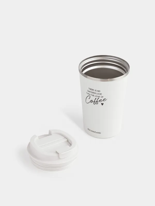 Термо саптыаяқ, 350 мл, болат/пластик, ақ, жазуы бар, Coffee time, image-1