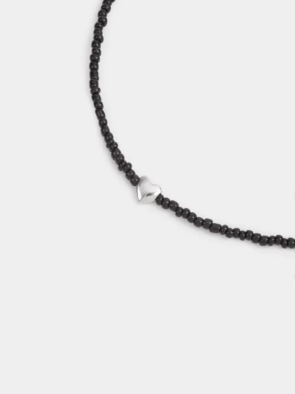 Шынжыр, 44 см, аспасы бар, шыны/металл, қара, Жүрек, Jewelry black, image-1