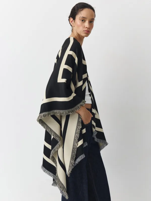 Пончо с бахромой, двустороннее, молочно-черное, Poncho, image-0
