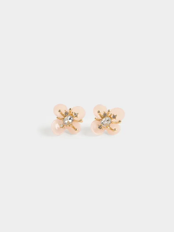 Пусет сырғалары, 3 см, 2 дана, металл/циркон/акрил, қызғылт, Гүл, Jewelry flower, image-0