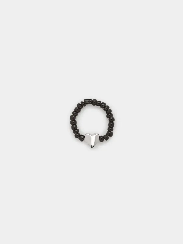 Сақина, size S-M, бірыңғай өлшем, шыны/металл, қара, Жүрек, Jewelry black, image-0