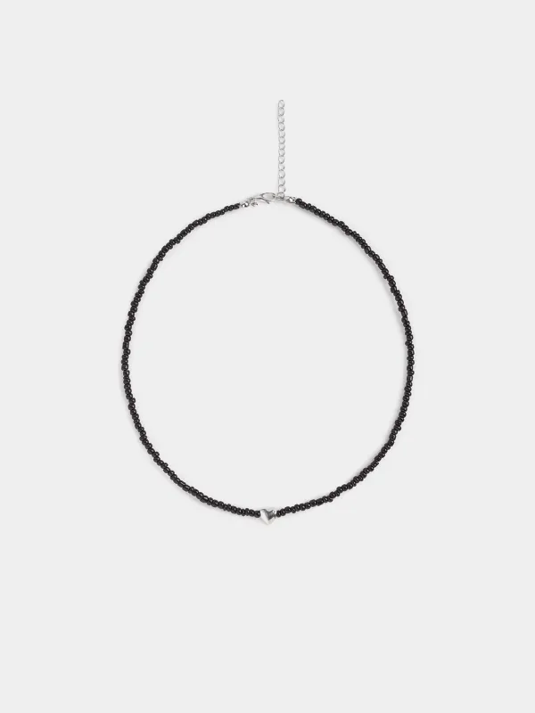 Шынжыр, 44 см, аспасы бар, шыны/металл, қара, Жүрек, Jewelry black, image-0