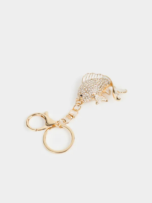 Салпыншақ, 12 см, металл/страздар, алтын, Балық, Keychain crystal, image-1