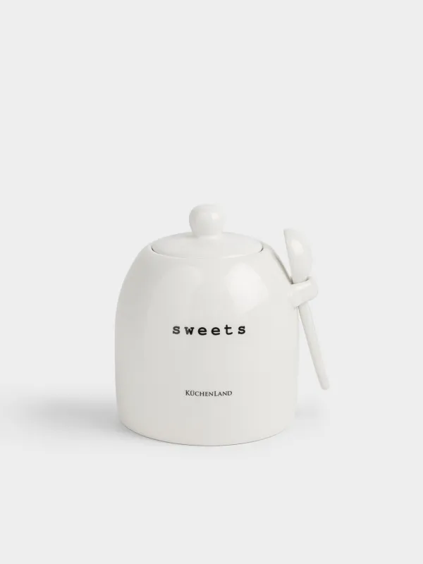 Сақтау ыдысы, 12х15 см, 800 мл, қасығы бар, керамика, сүт түстес, Sweets, Milk kitchen, image-0