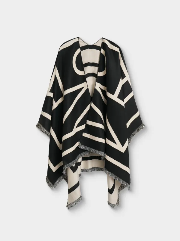 Пончо с бахромой, двустороннее, молочно-черное, Poncho, image-4