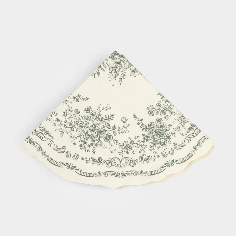 Қағаз майлықтар, 33 см, 20 дана, дөңгелек, ақ, Жасыл гүлдер, Green lace