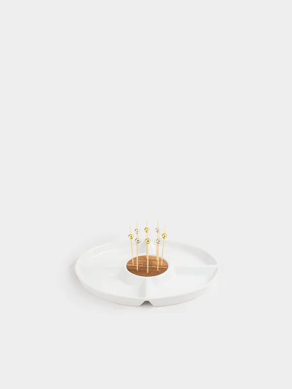 Бөлімдері бар тәрелке, 27x22 см, 4 бөлім, таяқшалары бар, фарфор P/бамбук, ақ, Light kitchen, image-1