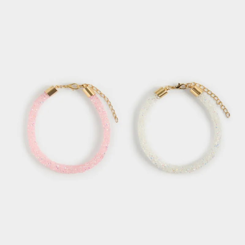 Набор браслетов, 8 см, 2 шт, пластик/металл, белый/розовый, Кристаллы, Jewelry