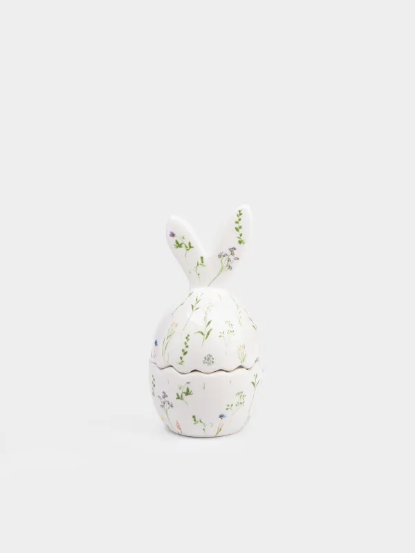 Жұмыртқа тұғыры, 13 см, керамика, сүт түстес, Жұмыртқа, Гүлдер, Rabbit in flowers, image-0
