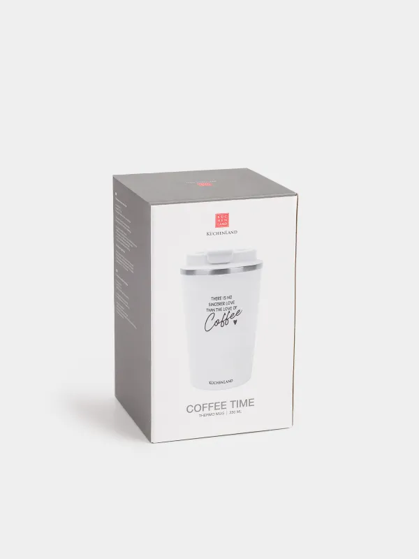 Термо саптыаяқ, 350 мл, болат/пластик, ақ, жазуы бар, Coffee time, image-5