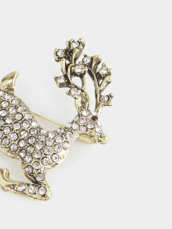 Брошь, 5 см, металл/стразы, золотистая, Олень, Jewelry crystal, image-1