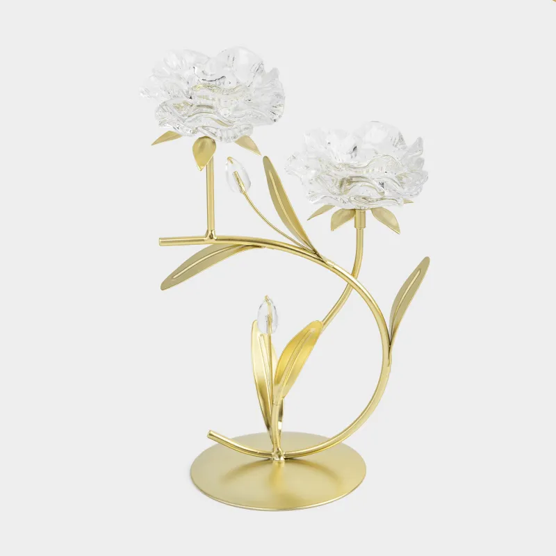 Шам ұстағыш, 30 см, 2 шай шамы, шыны/металл, алтын, Гүлдер, Fantastic flowers