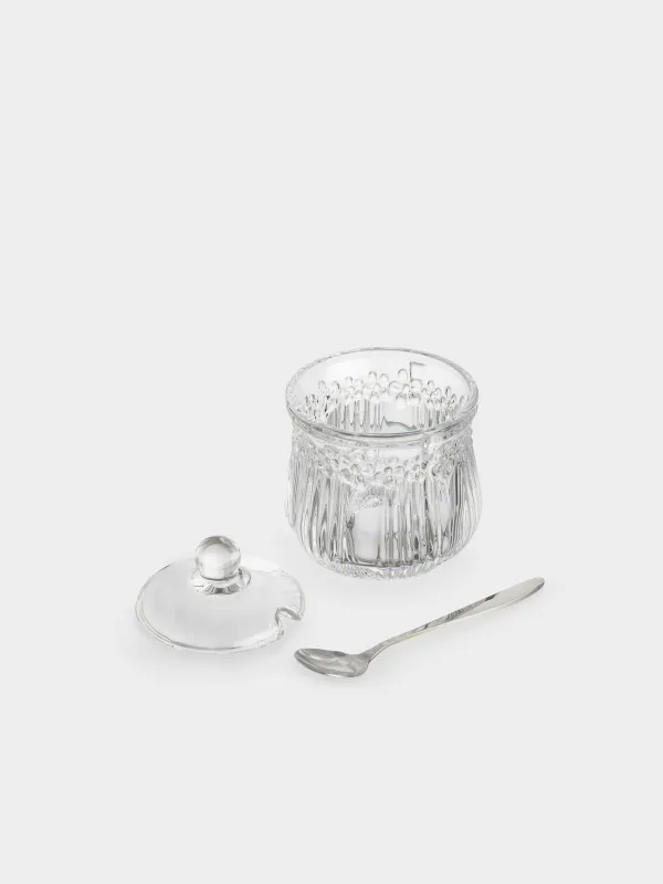 Қант ыдысы, 11 см, 350 мл, қасығы бар, шыны Р/металл, Гүлдер, Clear pattern, image-2
