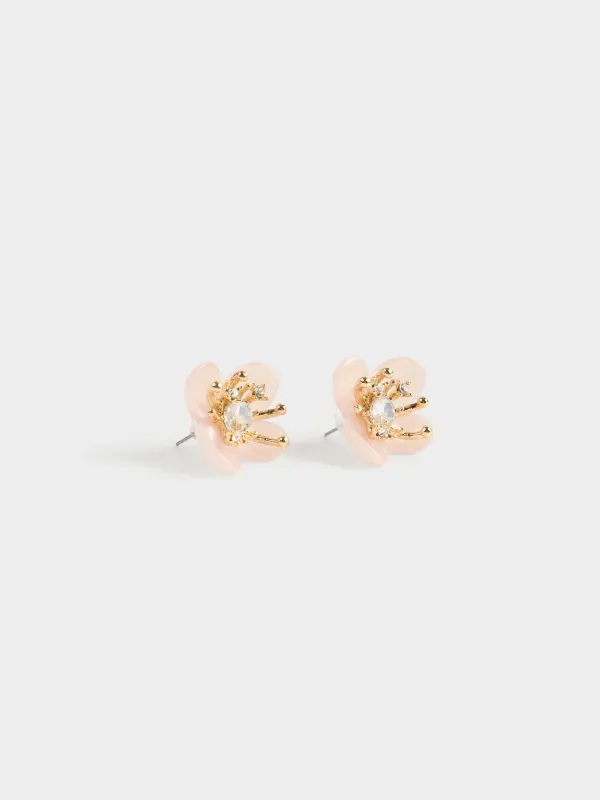 Пусет сырғалары, 3 см, 2 дана, металл/циркон/акрил, қызғылт, Гүл, Jewelry flower, image-1