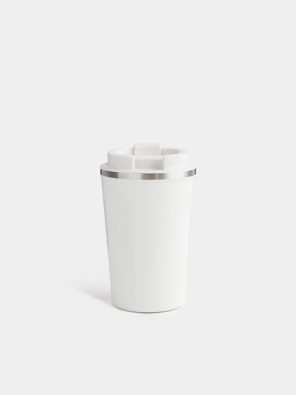 Термо саптыаяқ, 350 мл, болат/пластик, ақ, жазуы бар, Coffee time, image-3