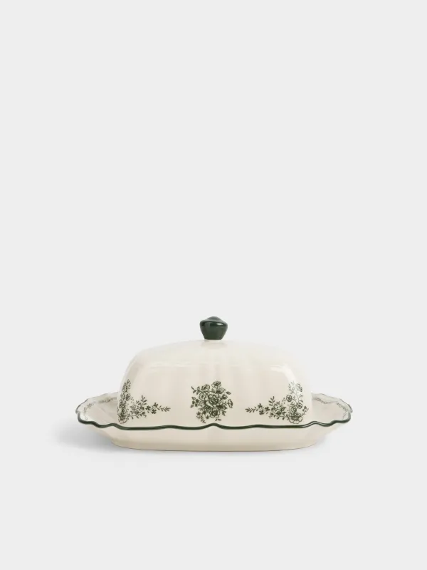 Масленка, 20 см, фарфор P, прямоугольная, молочная, Зеленые цветы, Green lace, image-0