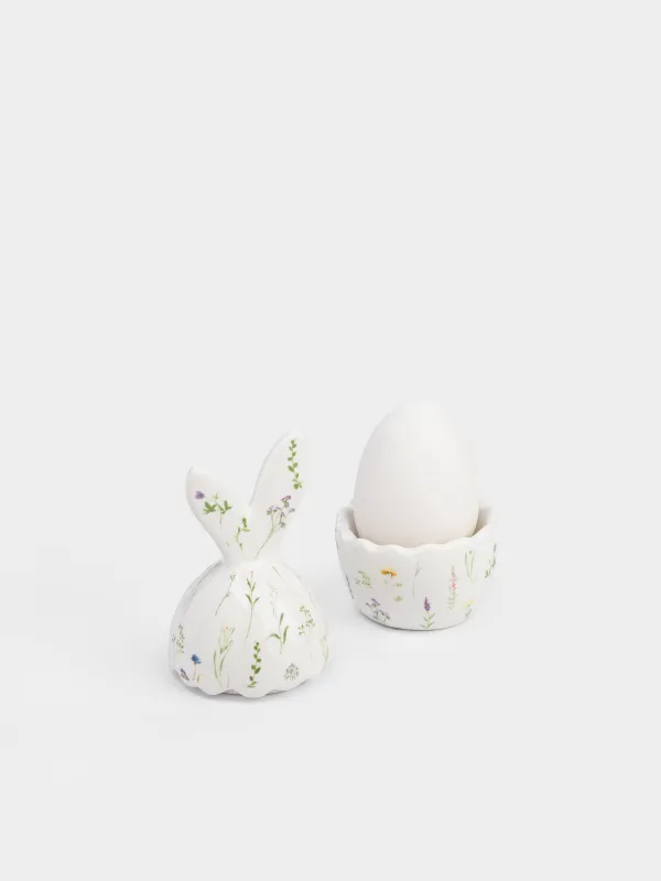 Жұмыртқа тұғыры, 13 см, керамика, сүт түстес, Жұмыртқа, Гүлдер, Rabbit in flowers, image-2