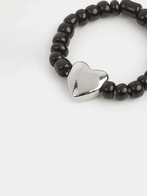 Сақина, size S-M, бірыңғай өлшем, шыны/металл, қара, Жүрек, Jewelry black, image-2