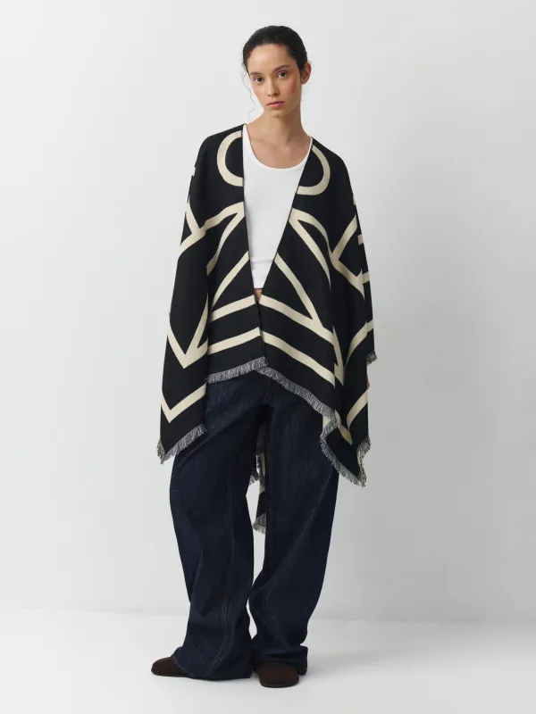 Пончо с бахромой, двустороннее, молочно-черное, Poncho, image-1