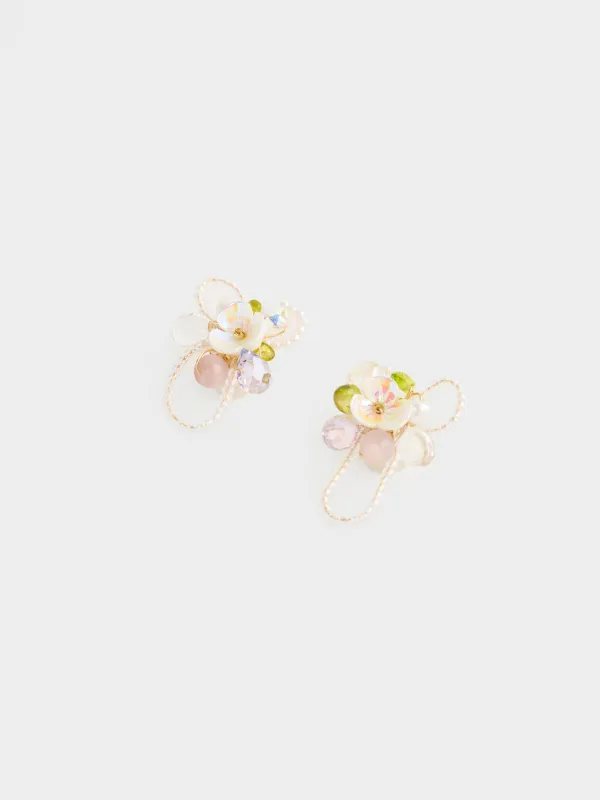Пусет сырғалары, 3 см, 2 дана, шыны/пластик, сүт түстес, Гүл, Pearl color, image-1
