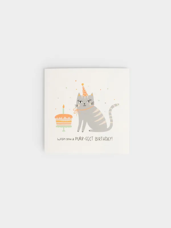 Сыйлық ашықхаты, 12х12 см, қағаз, ақ, Торты бар мысық, Birthday, image-0