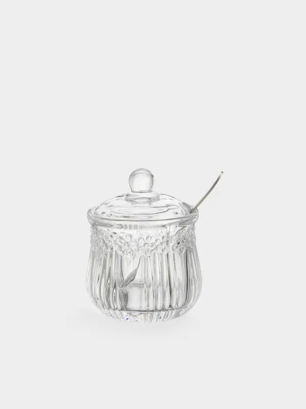 Қант ыдысы, 11 см, 350 мл, қасығы бар, шыны Р/металл, Гүлдер, Clear pattern, image-0
