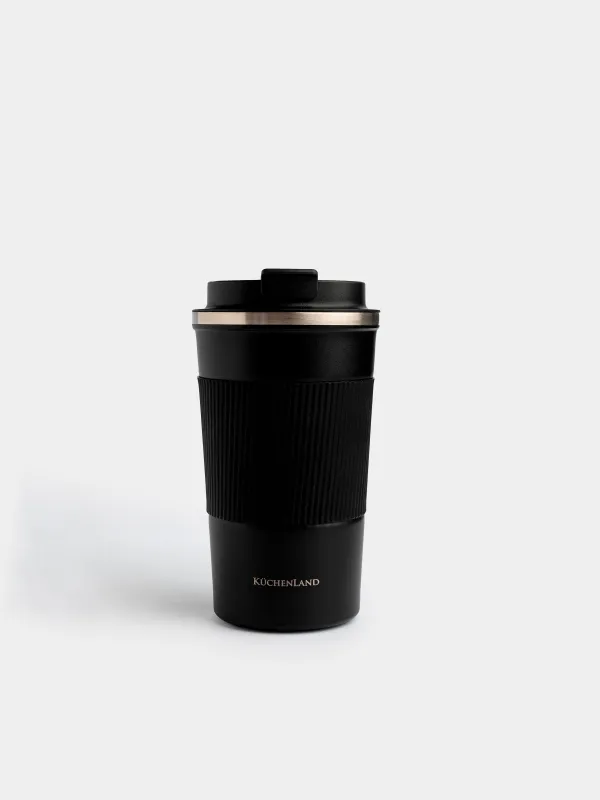 Термо саптыаяқ, 500 мл, зарфы бар, болат/пластик/силикон, қара, Coffee life, image-1