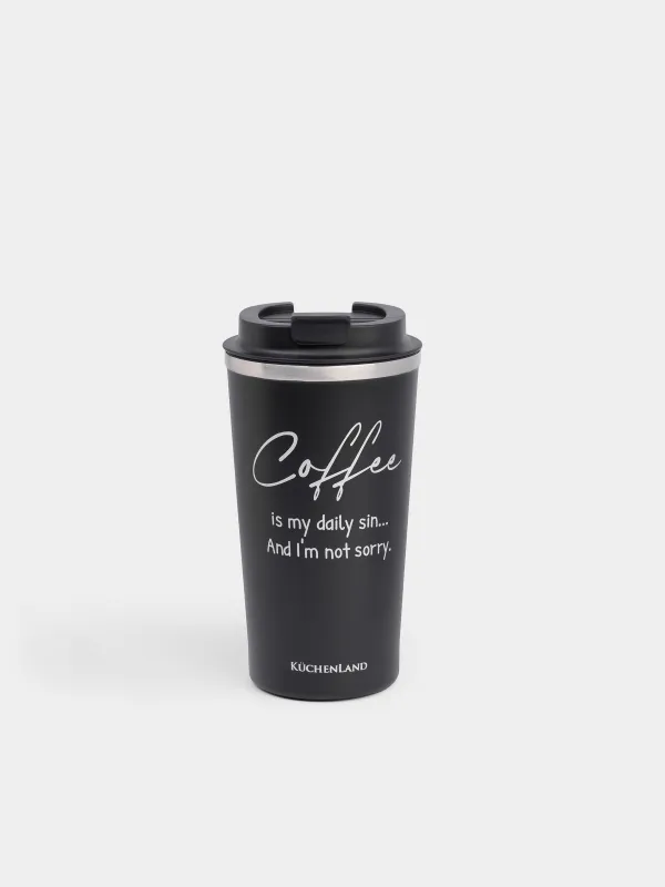 Термо саптыаяқ, 450 мл, болат/пластик, қара, жазуы бар, Coffee time, image-0