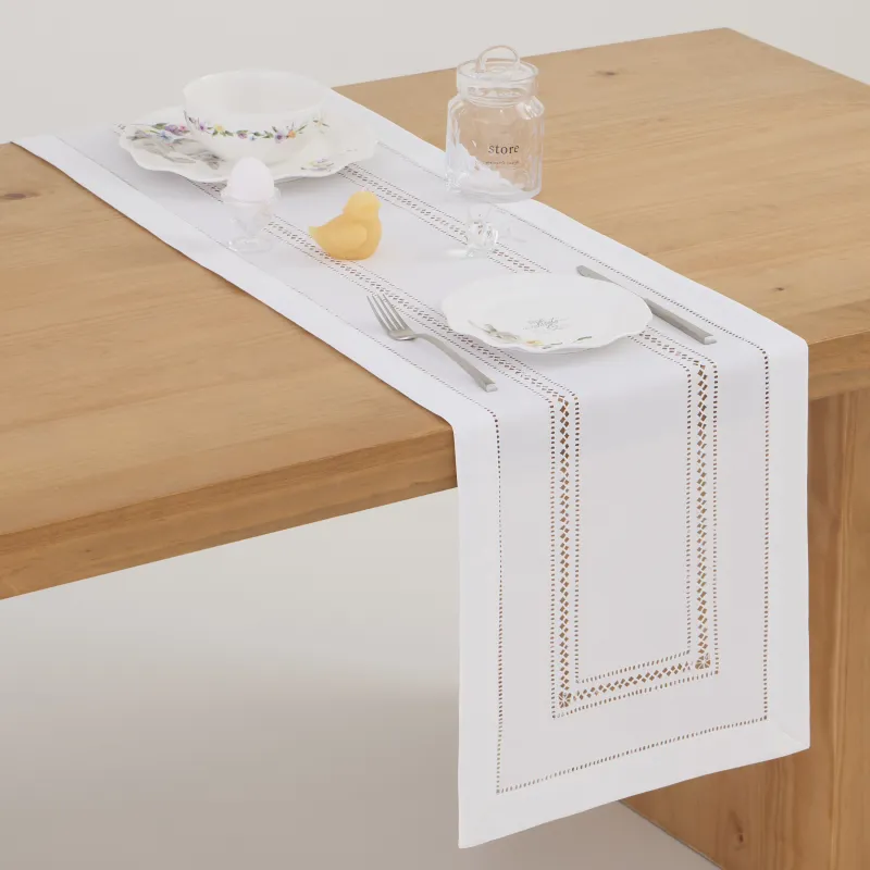 Үстел төсеніші, 40х160 см, полиэстер, ақ, Hemstitch