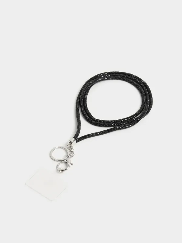Тізбек, 1,1 м, телефонға арналған, полиэстер/страздар, қара, Jewelry black, image-3